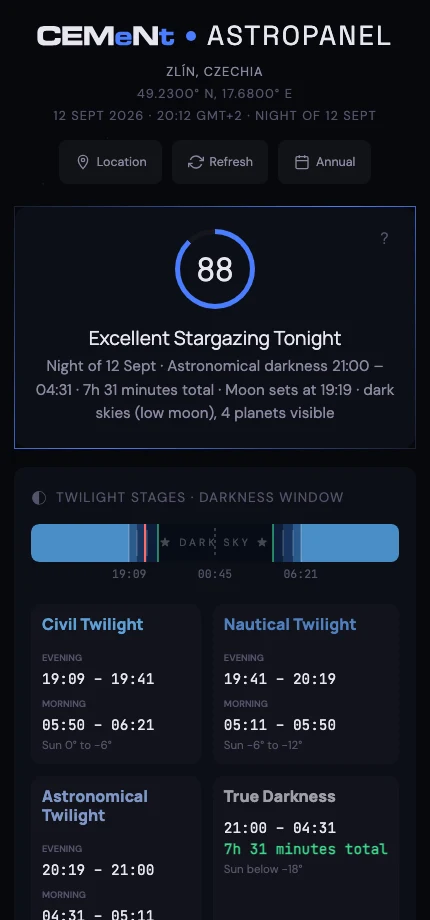 AstroPanel in a mobile browser, showing the night score and twilight windows.