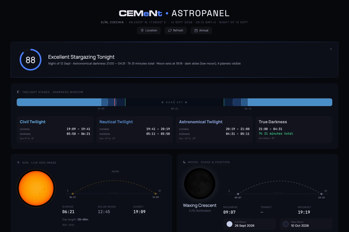 AstroPanel browser dashboard with an observing score, twilight windows, Sun and Moon for Zlín.