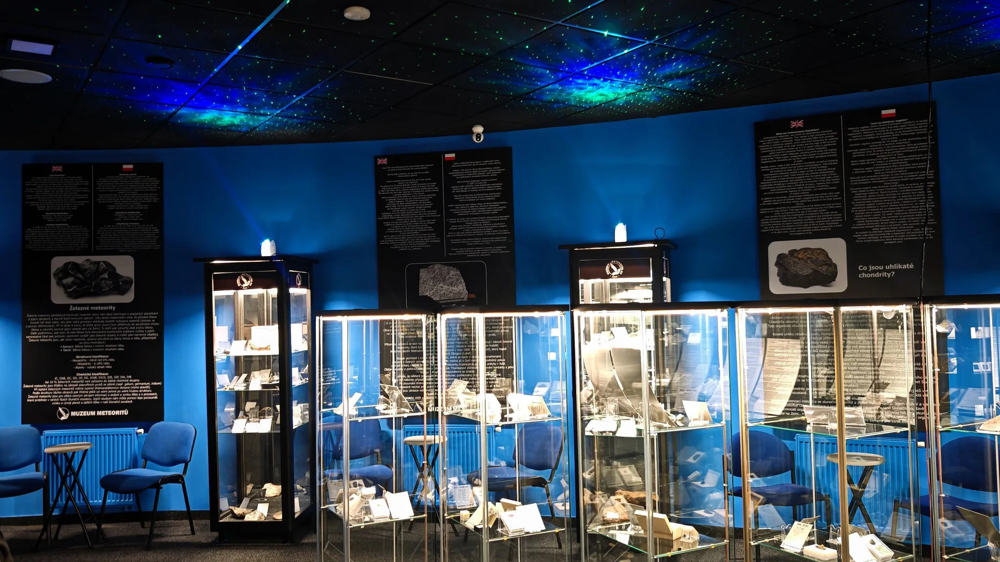 Display cases in the Meteorite Museum gallery under a starlit ceiling